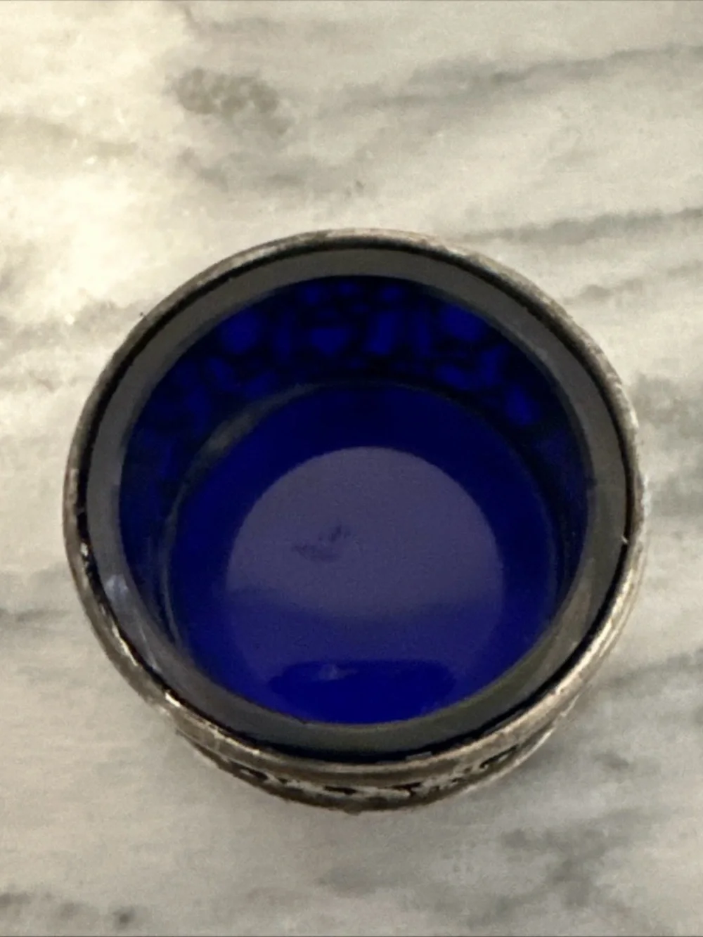 Antique sterling silver with cobalt blue glass insert salt cellar